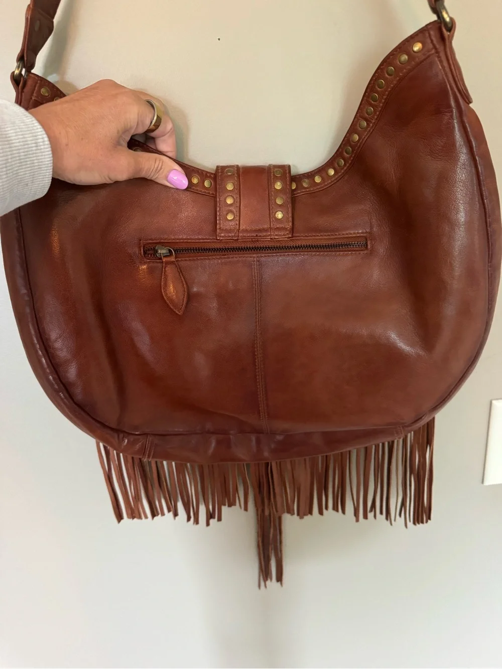 Scully Brown Leather Fringe Hobo with Gold Studs -genuine leather - NEVER USED